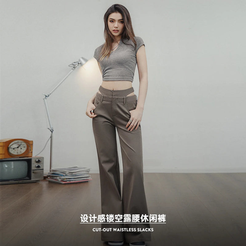 Gray Coffee Color Women's Casual Pants Cut-out Waistless Slacks Flared Pants Slim Straight Pants High-waisted Trousers