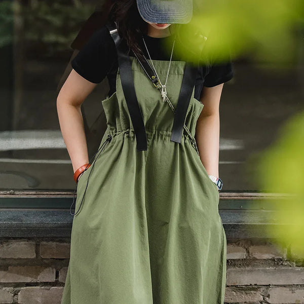 Green Strap Dress for Women Suspender Long Skirt Adjustable Loose Vintage Style Cargo Sleeveless Dress Casual Wear