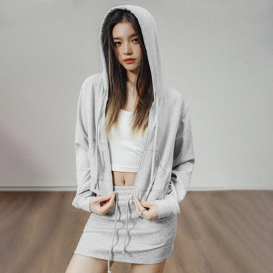 High Waisted Short Hoodies for Women Light Gray Hooded Zippered Sweatshirt Cardigan Sports Jacket Spring and Autumn Coat