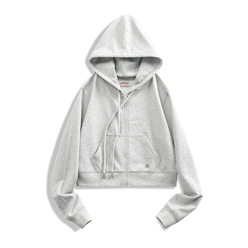 High Waisted Short Hoodies for Women Light Gray Hooded Zippered Sweatshirt Cardigan Sports Jacket Spring and Autumn Coat