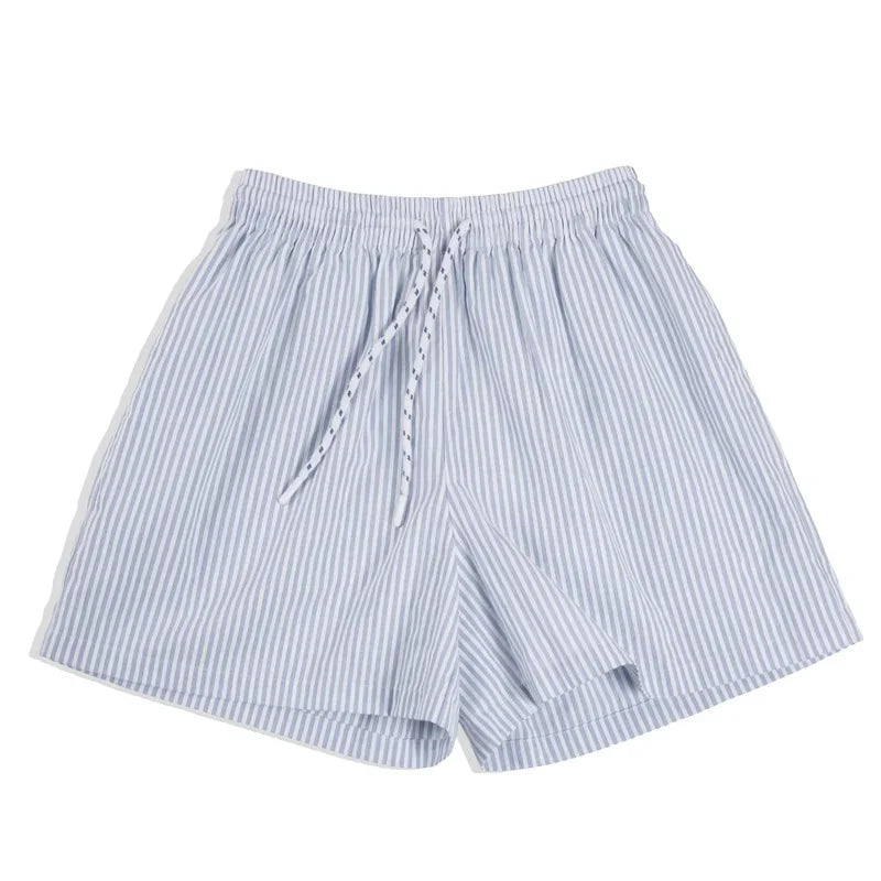 Japanese Casual Blue and White Striped Shorts for Women Cotton Loose Sports Wide Leg Short Pants High Waist Bermuda Shorts