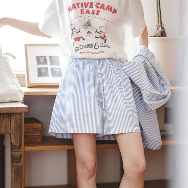 Japanese Casual Blue and White Striped Shorts for Women Cotton Loose Sports Wide Leg Short Pants High Waist Bermuda Shorts