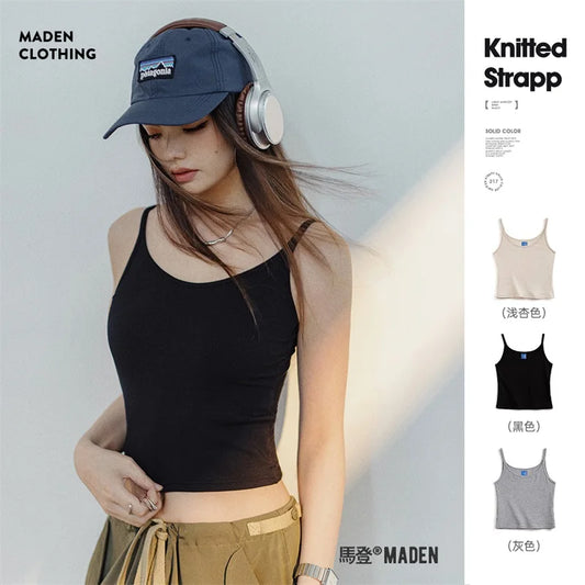 Knit Camis Vest for Women Solid Color Camisole Innerwear Summer Versatile Sleeveless Outerwear Tops Black Crop Top