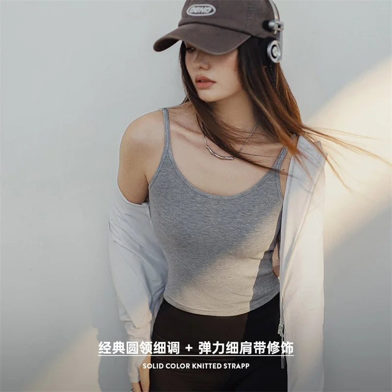 Knit Camis Vest for Women Solid Color Camisole Innerwear Summer Versatile Sleeveless Outerwear Tops Black Crop Top