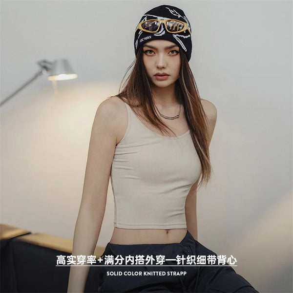 Knit Camis Vest for Women Solid Color Camisole Innerwear Summer Versatile Sleeveless Outerwear Tops Black Crop Top