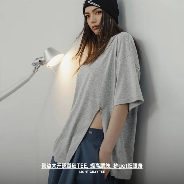 Knit Short Sleeve Women Loose Drop Sleeves Summer Basic Tees Round Neck T-shirts Oversize Top Light Gray Tees T Shirts