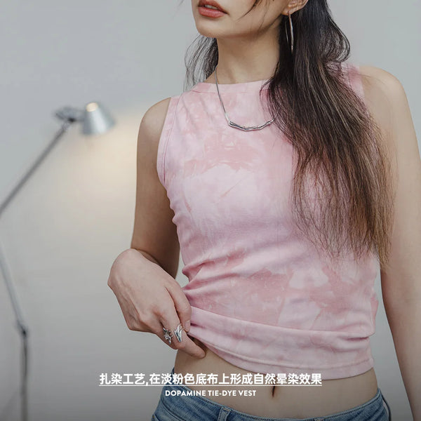 Knit Tie-Dye Women Tops Slim Sleeveless Round Neck Top Summer Cute Pink Tees Women's Camisole Short Tank Top Female Vest