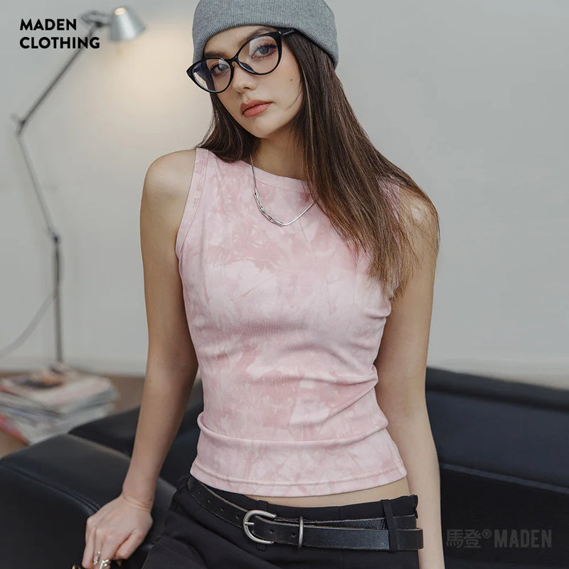 Knit Tie-Dye Women Tops Slim Sleeveless Round Neck Top Summer Cute Pink Tees Women's Camisole Short Tank Top Female Vest