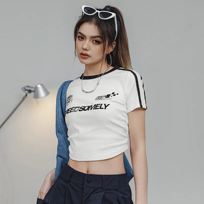 Letter Printed T-shirt for Women Slim Shirring Crop Top Summer Cotton T Shirt Comfortable Short Sleeve Black and White Tee