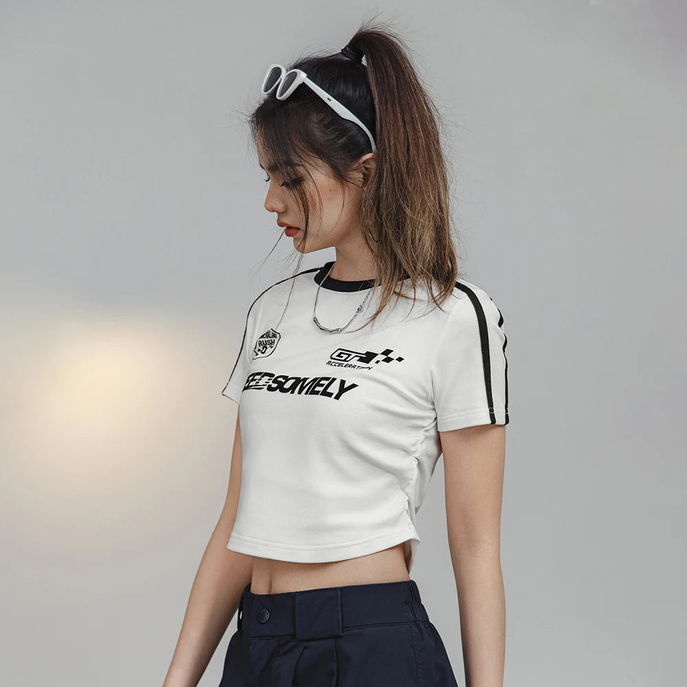 Letter Printed T-shirt for Women Slim Shirring Crop Top Summer Cotton T Shirt Comfortable Short Sleeve Black and White Tee