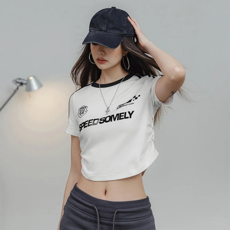 Letter Printed T-shirt for Women Slim Shirring Crop Top Summer Cotton T Shirt Comfortable Short Sleeve Black and White Tee