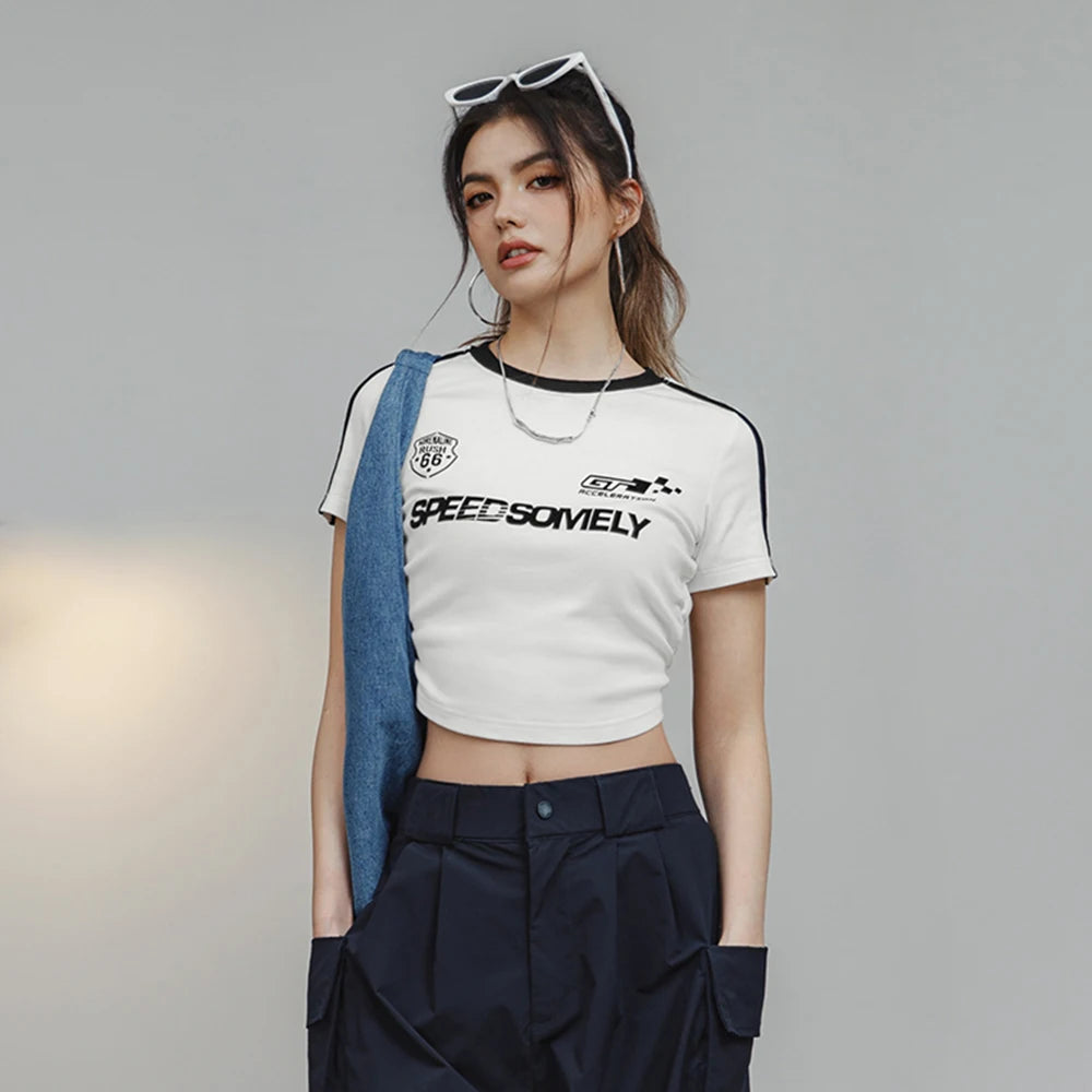 Letter Printed T-shirt for Women Slim Shirring Crop Top Summer Cotton T Shirt Comfortable Short Sleeve Black and White Tee