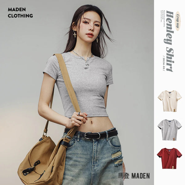 New Crop Top Henry Shirt Short-sleeved Slim T-shirt and Short Solid Color Inner Layering Cotton Tee for Women's Summer