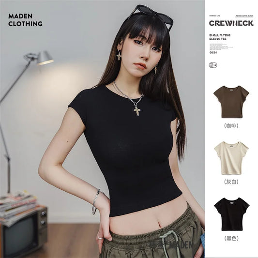 O-Neck Short-sleeved T-shirt for Women Summer Versatile Slim Top Short Crop Top High Elastic Tees Female Black T Shirt