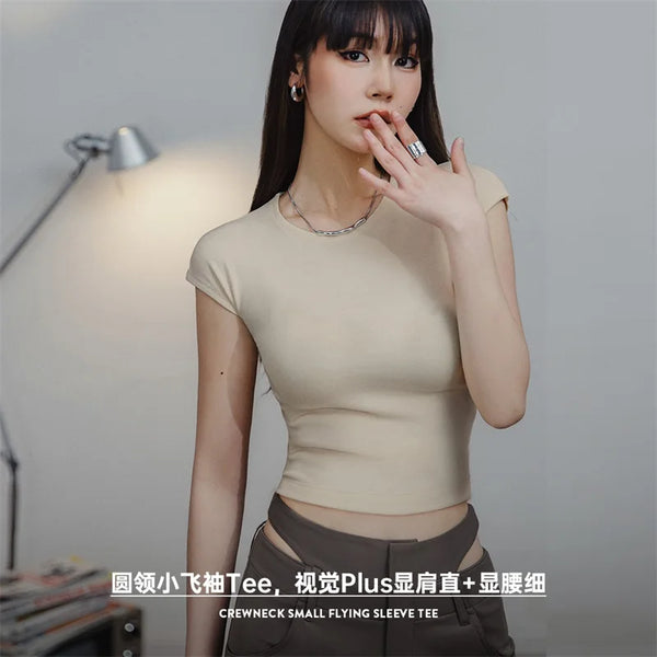 O-Neck Short-sleeved T-shirt for Women Summer Versatile Slim Top Short Crop Top High Elastic Tees Female Black T Shirt