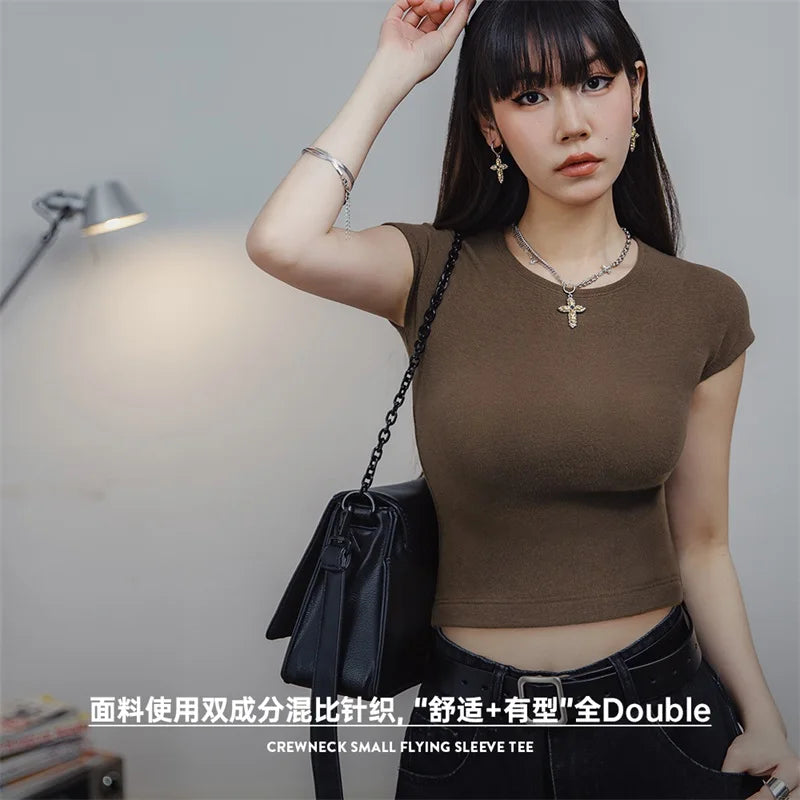 O-Neck Short-sleeved T-shirt for Women Summer Versatile Slim Top Short Crop Top High Elastic Tees Female Black T Shirt