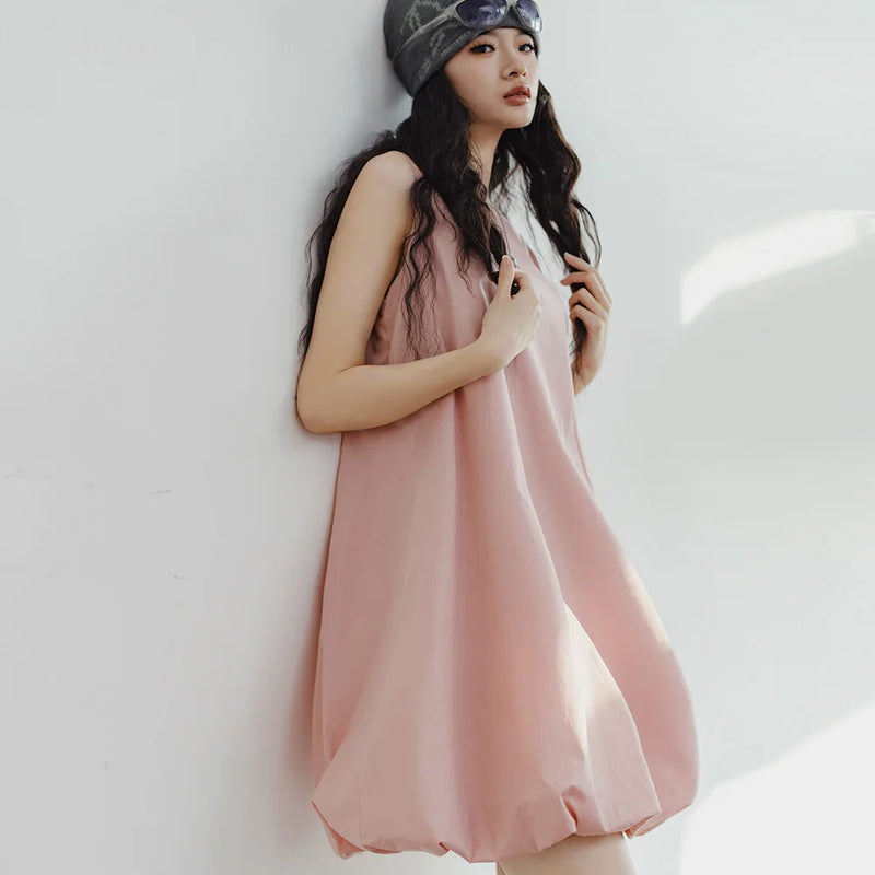 Pink Pod Dress for Women Sleeveless Vest Dress Round Neck High Waist Puffy Summer Solid Color A-line Dresses Cute Skirt