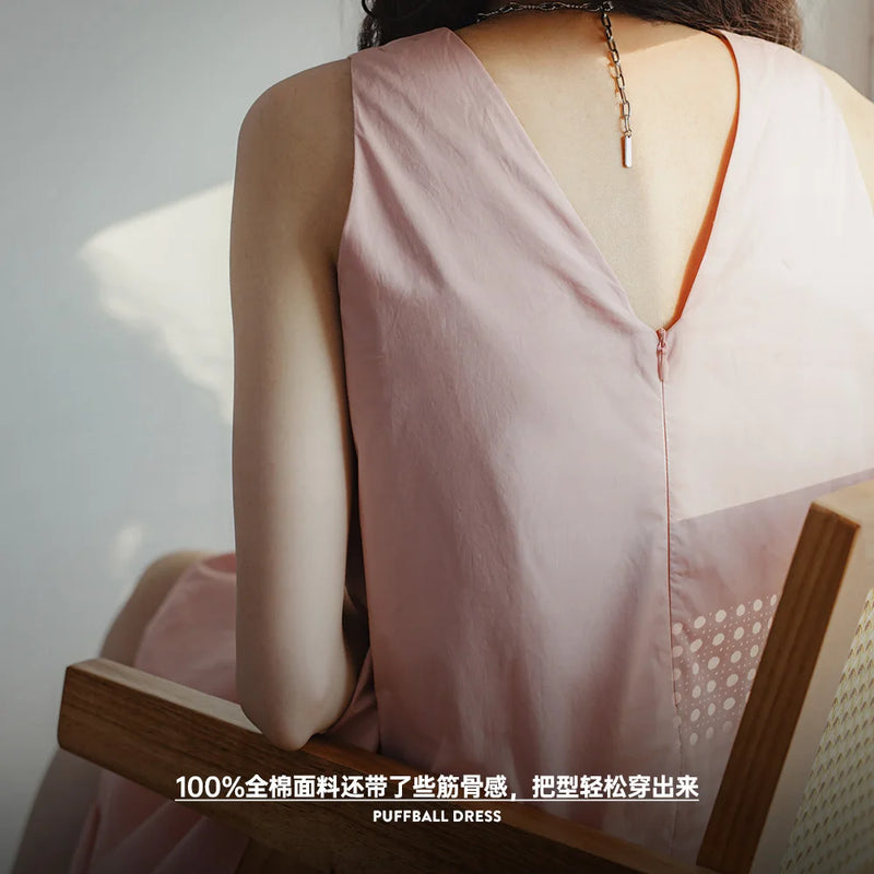 Pink Pod Dress for Women Sleeveless Vest Dress Round Neck High Waist Puffy Summer Solid Color A-line Dresses Cute Skirt