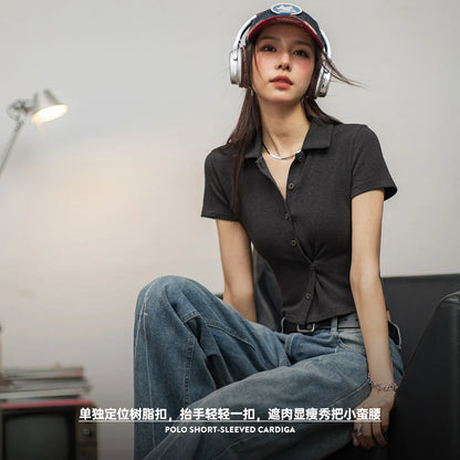 Polo Collar Short Sleeve Shirt Women Summer Crop Top Slim Knit Blouse Soft and Comfortable Solid Color T-shirts Gray Tops