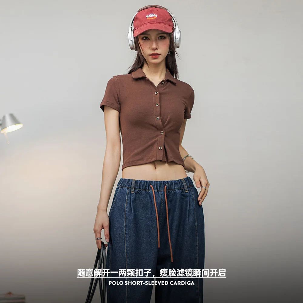 Polo Collar Short Sleeve Shirt Women Summer Crop Top Slim Knit Blouse Soft and Comfortable Solid Color T-shirts Gray Tops