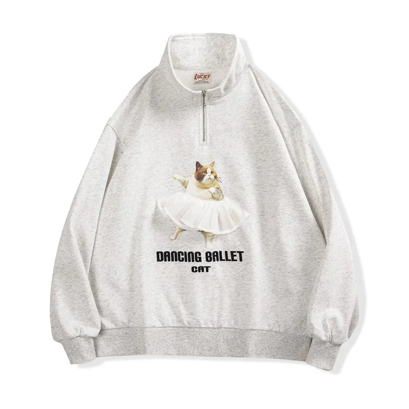 Printed Cartoon Sweatshirts for Women Stand Collar Casual Loose Top Gray Long Sleeve Pullover Light Gray Sweatshirt