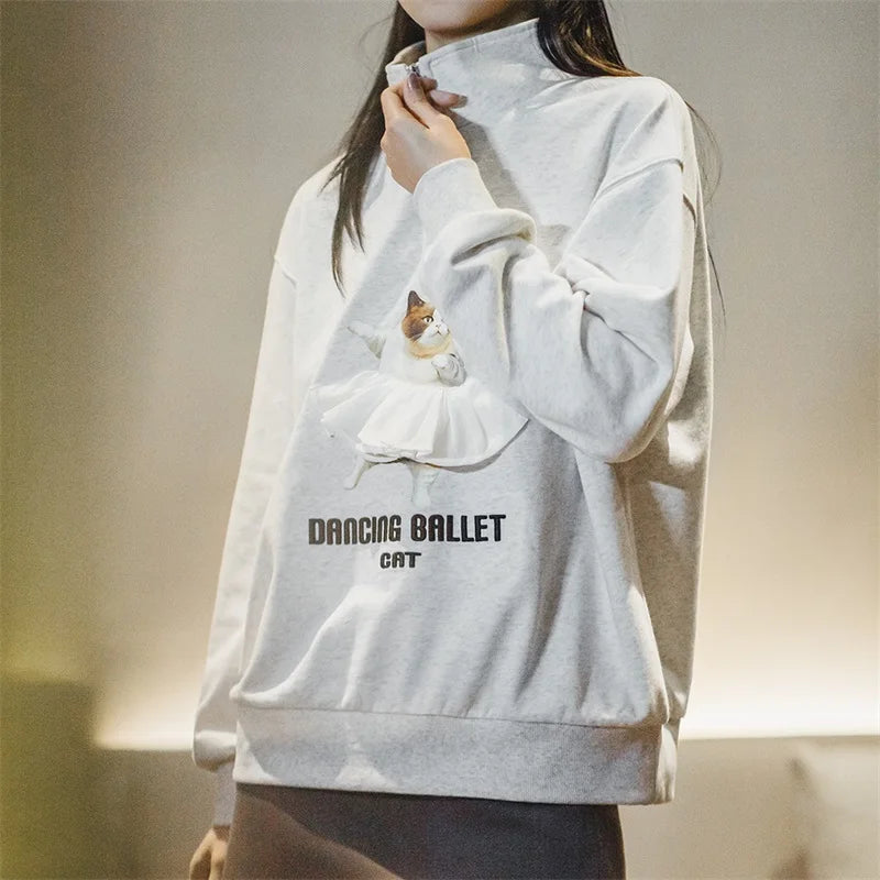 Printed Cartoon Sweatshirts for Women Stand Collar Casual Loose Top Gray Long Sleeve Pullover Light Gray Sweatshirt