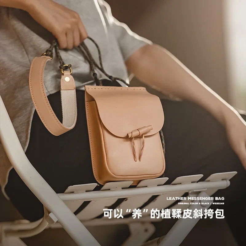 Retro Crossbody Bag Vegetable Tanning Leather Shoulder Handbag Designer Messenger Bag Weave String Golden Letters Priting