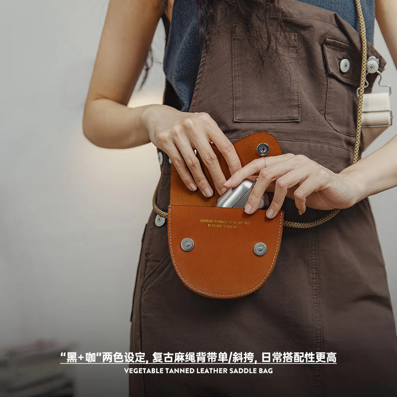 Retro Double-layer Flip Vegetable Tanned Leather Saddle Bag with First Layer Cowhide Small Single Shoulder Crossbody Bag