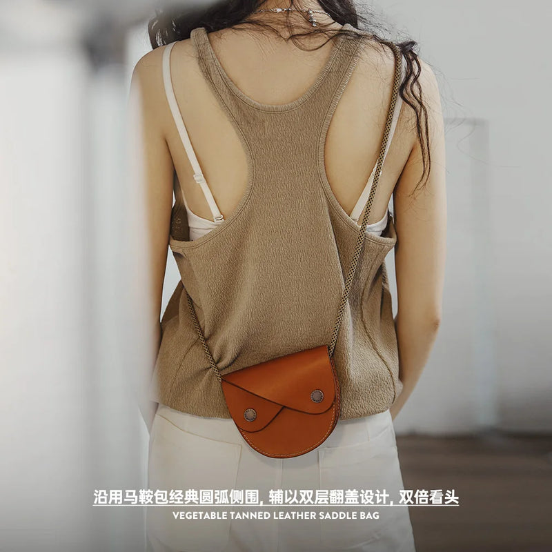 Retro Double-layer Flip Vegetable Tanned Leather Saddle Bag with First Layer Cowhide Small Single Shoulder Crossbody Bag