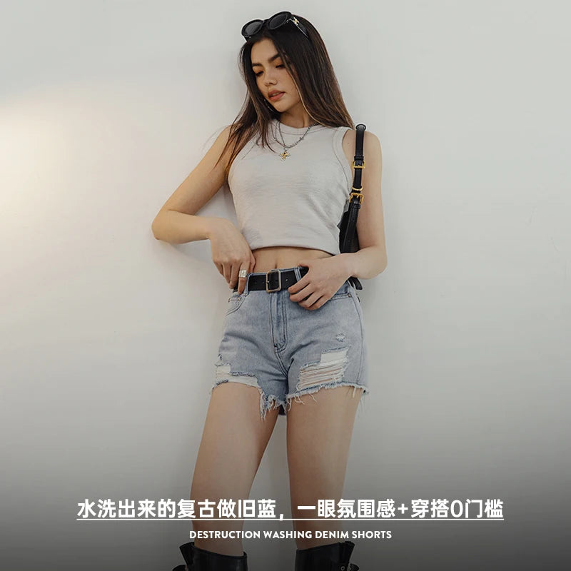 Ripped Denim Shorts Women Summer Washed Do Old Beach Vacation Pants Non-stretch Casual Jeans Shorts Female High Streetwear