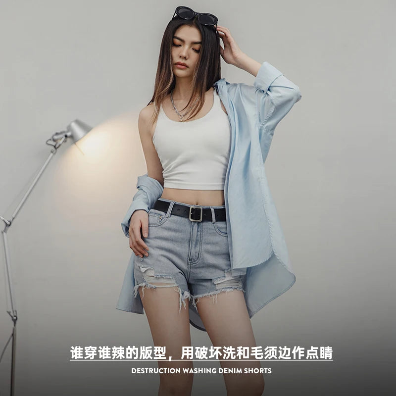 Ripped Denim Shorts Women Summer Washed Do Old Beach Vacation Pants Non-stretch Casual Jeans Shorts Female High Streetwear