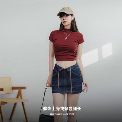 Slash Neck T-shirts for Women Summer Shirring Printed Short-sleeved Tees Female Casual Solid Color Top Burgundy Color