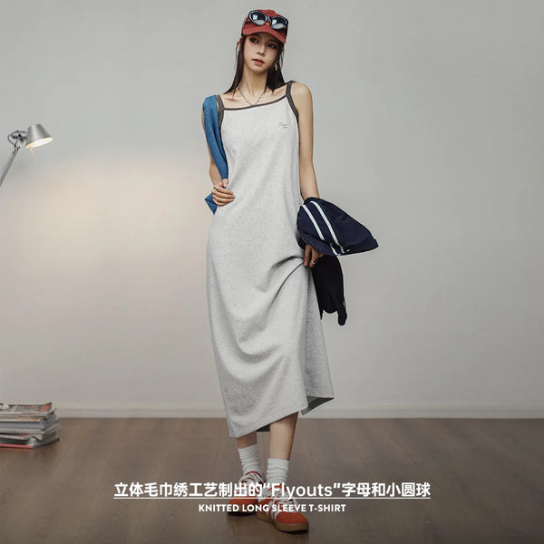 Sleeveless Dress for Women Knit Casual Dresses Summer Straight Long Embroidered Letter High Waist Vacation Skirt