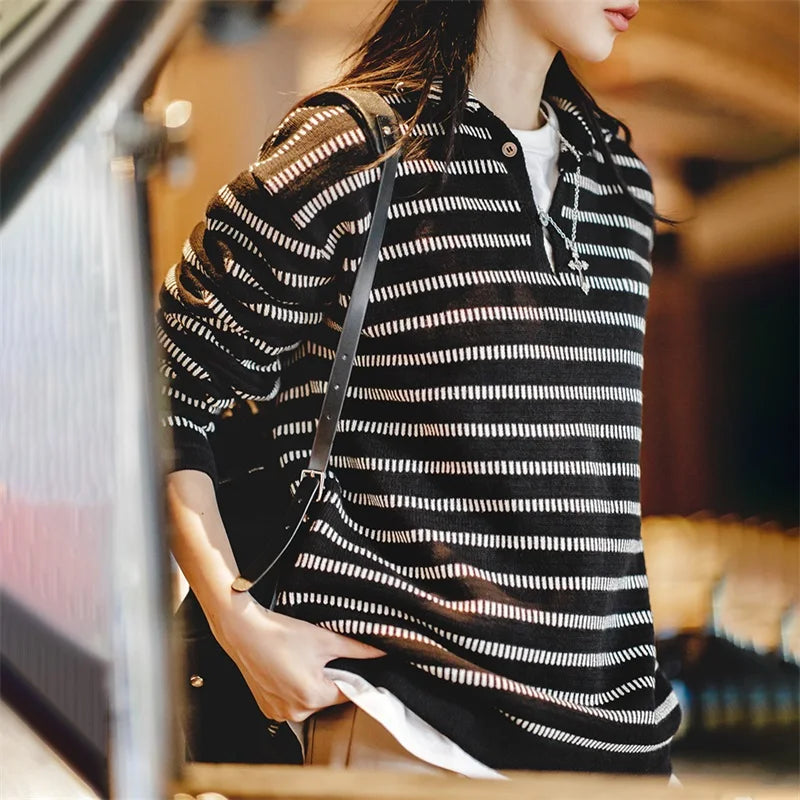 -Striped Polo Neck Sweater for Women, Layering Top, Pullover, Fashionable Design, Autumn and Winter