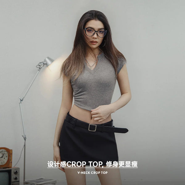 V-neck Gray Short-sleeved Cotton T-shirts Women Casual Versatile Short Crop Top Slim Basic Tees Summer T Shirts