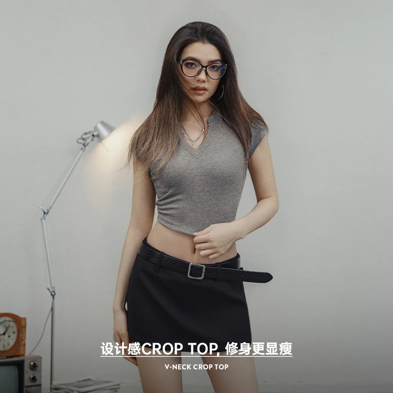 V-neck Gray Short-sleeved Cotton T-shirts Women Casual Versatile Short Crop Top Slim Basic Tees Summer T Shirts