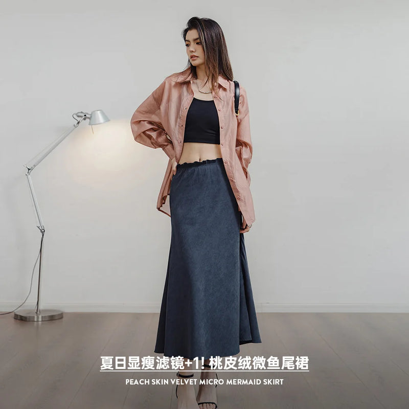 Velvet Fishtail Skirt Women Bustier Dress Retro A-line Skirt Versatile Long Dresses Summer Comfortable Breathable Skirt