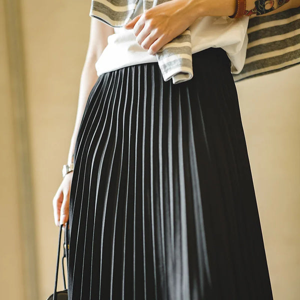 Vintage High Waist A-line Pleated Skirts Korean Fashion Casual Commuter Black Long Skirt Solid Color Luxury  Bottoms