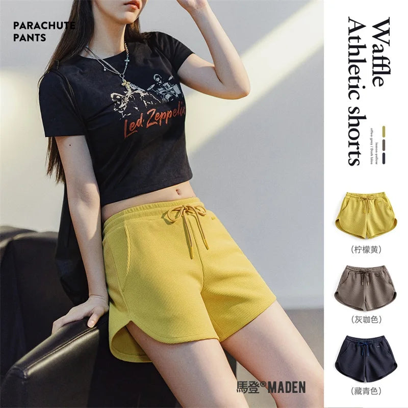 Waffle Women's Casual Shorts Running Fitness Sweatpants Beach Pants Loose Drawstring Shorts Summer Breathable Yellow Color