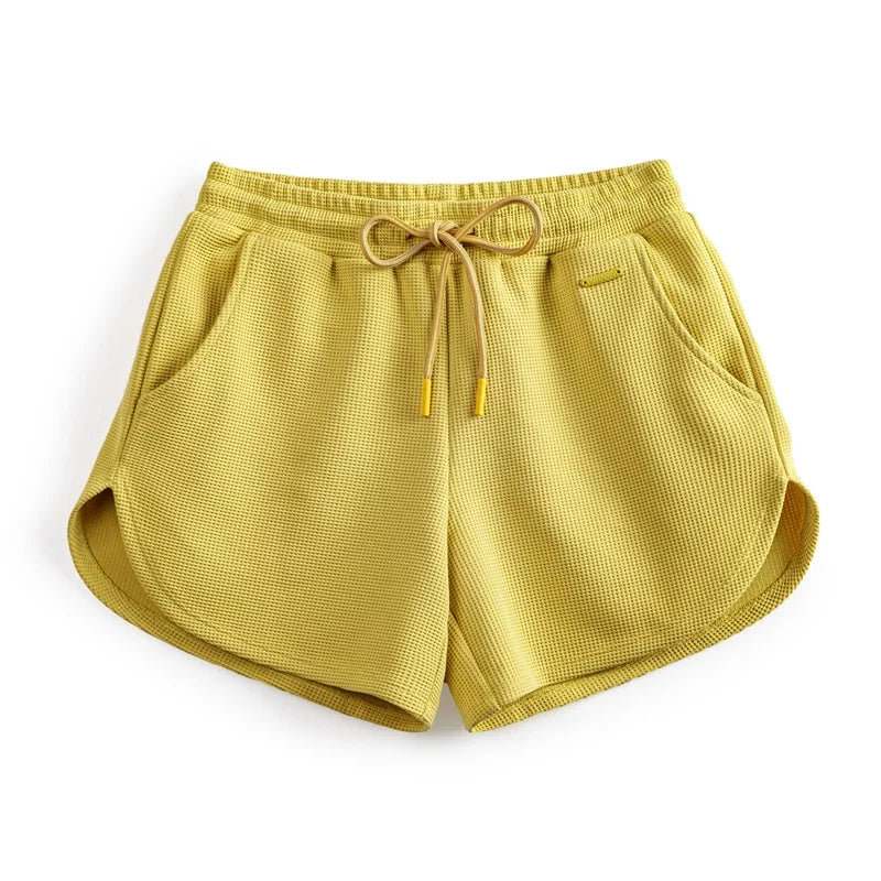 Waffle Women's Casual Shorts Running Fitness Sweatpants Beach Pants Loose Drawstring Shorts Summer Breathable Yellow Color