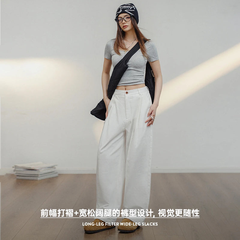 White Cotton Casual Pants for Women Loose Straight Cargo Pants Versatile Wide Leg Pants Summer Streetwear Trousers