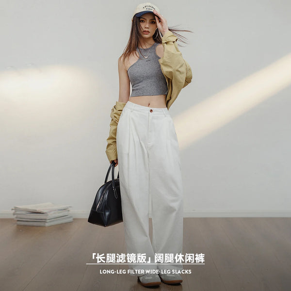 White Cotton Casual Pants for Women Loose Straight Cargo Pants Versatile Wide Leg Pants Summer Streetwear Trousers