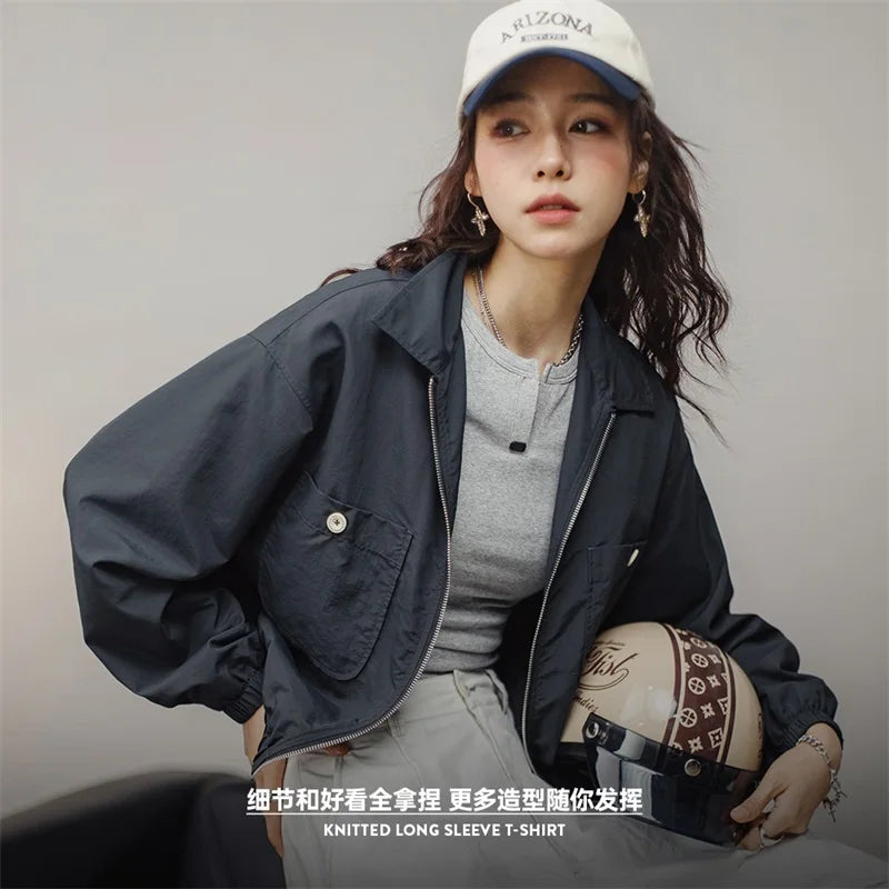 Women Baseball Collar Short Jacket Pink Baseball Clothing Jackets Spring Casual Loose Coat for Women Street Wear