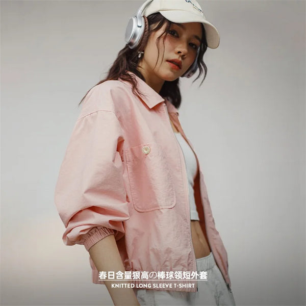 Women Baseball Collar Short Jacket Pink Baseball Clothing Jackets Spring Casual Loose Coat for Women Street Wear