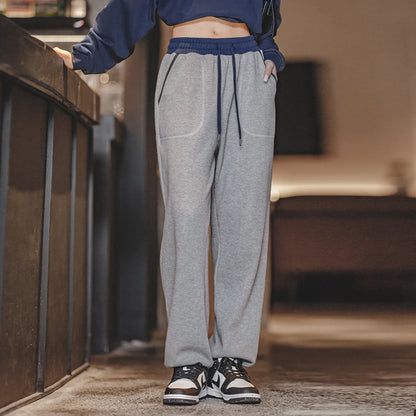 Women Contrast Color Sweatpants Loose Drawstring Trousers Gray Straight Pants Spring and Autumn Women's Pants Plus Size