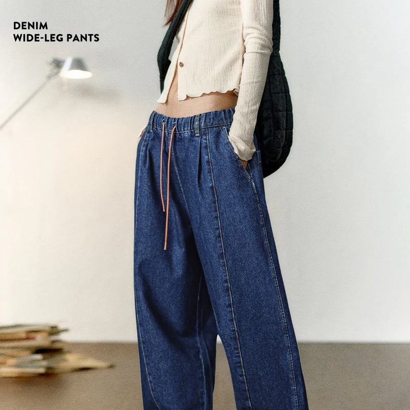 Women Loose Straight Jeans 12.8OZ Elastic Waist Drawstring Wide Leg Pants Oversize Blue Denim Jeans Streetwear Trousers