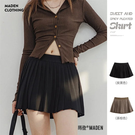 Women Pleated Skirt Mid Waist A-line Short Skirt with Lining Versatile Half-body Dress Black Pleated Skirts Elastic Waist