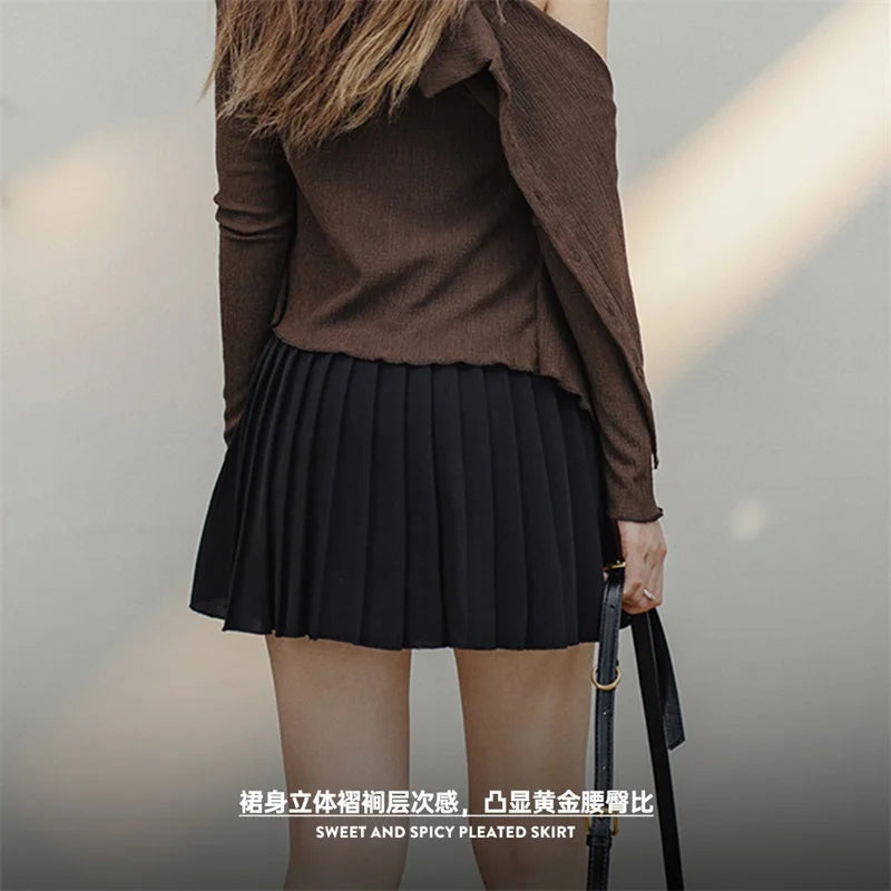 Women Pleated Skirt Mid Waist A-line Short Skirt with Lining Versatile Half-body Dress Black Pleated Skirts Elastic Waist