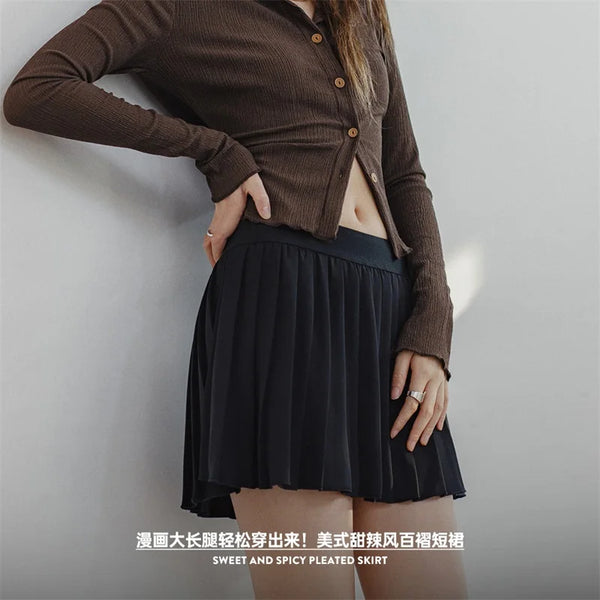 Women Pleated Skirt Mid Waist A-line Short Skirt with Lining Versatile Half-body Dress Black Pleated Skirts Elastic Waist