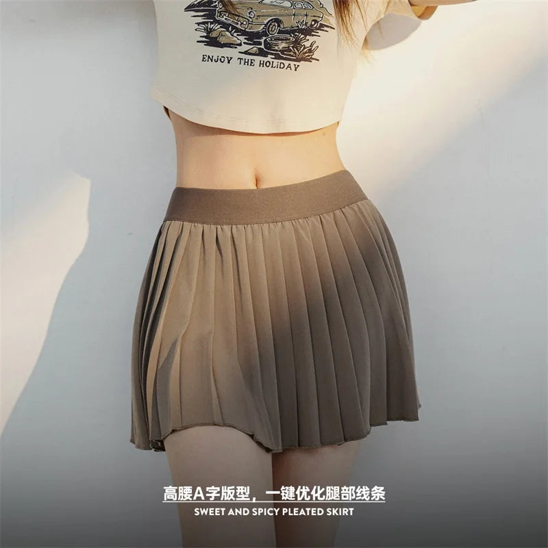 Women Pleated Skirt Mid Waist A-line Short Skirt with Lining Versatile Half-body Dress Black Pleated Skirts Elastic Waist